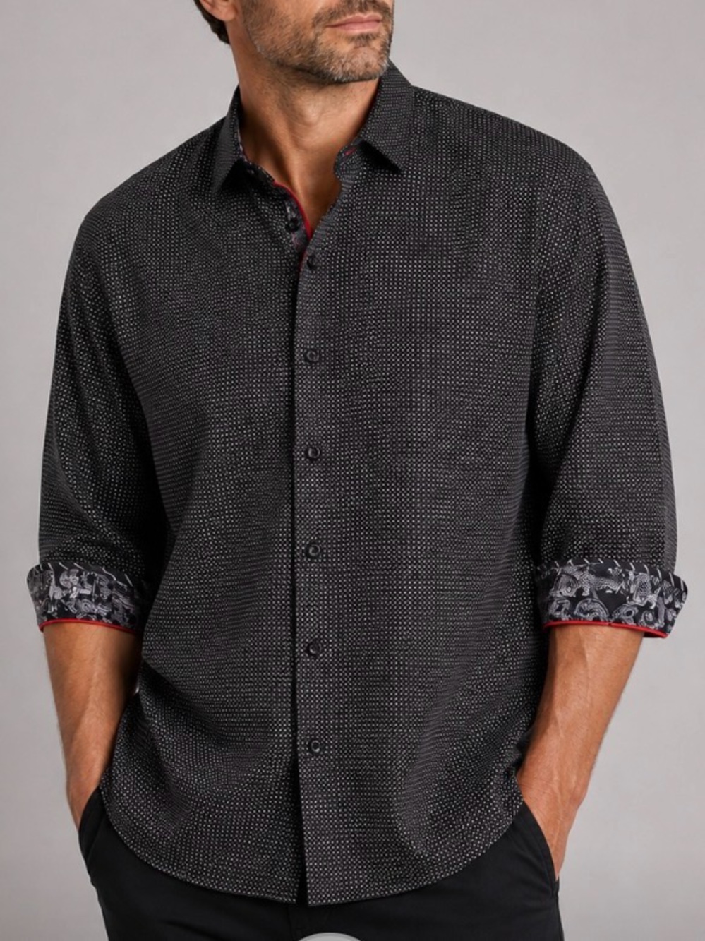 Au Noir Men's Black Microdot Button-Up Dress Shirt Pattern Collar & Cuff 8 | 4XL